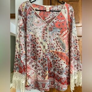 Sundance Top Pink Rayon Terraza Paisley Fringe Sleeve XL